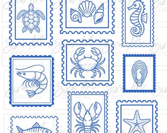 Küsten Sommer Briefmarken PNG: Wasser Krabbe, Hummer, Fischer Design (Digitaler Download)