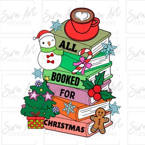 Peut inclure: Une pile de livres avec l'inscription "ALL BOOKED FOR CHRISTMAS". L'image comprend un bonhomme de neige, un sapin de Noël, une tasse de café, une canne en bonbon, un bonhomme en pain d'épices et des flocons de neige. Les livres sont verts, roses et oranges.