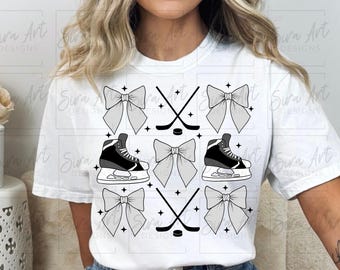 Hockey PNG, Camiseta de hockey con lazo coqueto para sublimación, Día de partido, Diseño de patines, palo y disco de hockey con lazos, Mamá de hockey PNG, Imágenes prediseñadas de deportes de invierno