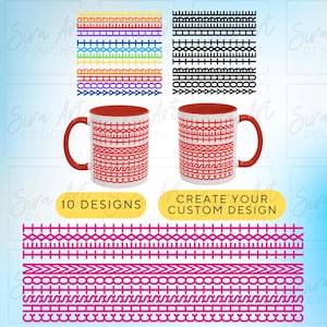 Könnte beinhalten: Ein Werbebild mit einer weißen Tasse mit rotem Innenraum und Griff, das verschiedene rote Muster zeigt. Das Bild zeigt auch farbenfrohe Bordürendesigns und den Text "10 DESIGNS" und "CREATE YOUR CUSTOM DESIGN".