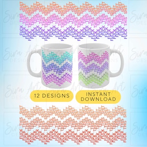 Puede incluir: Dos tazas de cerámica blanca con diseños geométricos coloridos. Los diseños presentan un patrón repetitivo de las letras "S" y "T" en varios colores. La imagen también incluye el texto "12 DESIGNS" y "INSTANT DOWNLOAD".