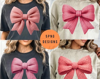 Faux Yarn Pink Coquette Bow PNG Bundle, Crochet Bows Clipart, Girly Knit Ribbon Design