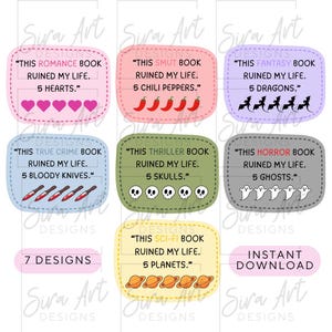 May include: A digital download graphic featuring seven designs with the text "This Romance Book Ruined My Life" and other book genres. Each design includes a rating of hearts, chili peppers, dragons, knives, skulls, ghosts, or planets. The words "Instant Download" are also included.