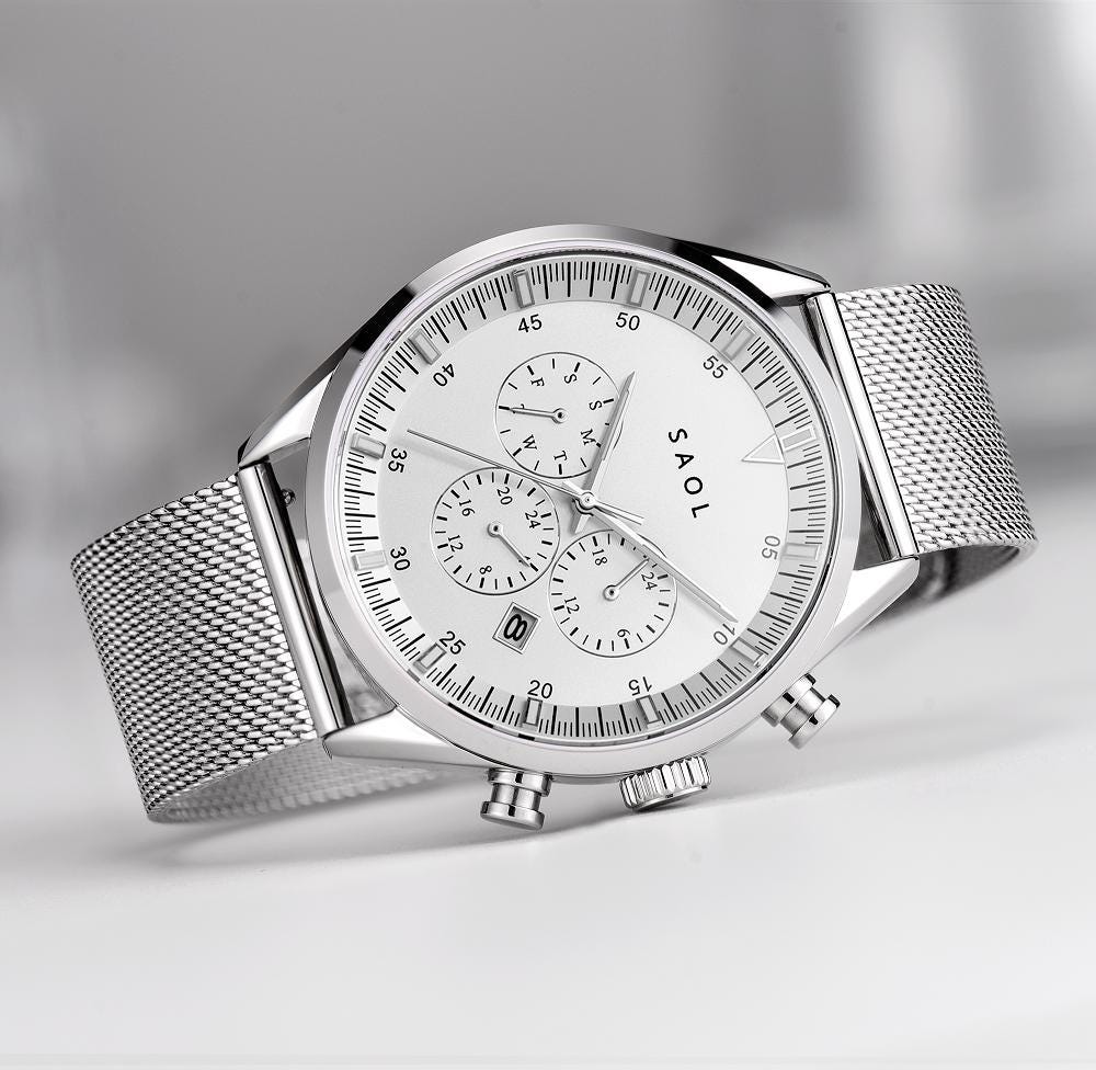 SAOL Luxury Men's Wrist Watch - Chronograph 43mm Silver | White - Japanese Quartz Movement (Silver Mesh)