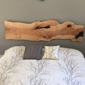 May include: A natural wood headboard with a live edge design. The headboard is mounted on a wall above a bed with a white duvet cover and a black and white patterned design.
