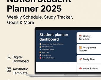Può includere: Un laptop mostra un Notion Student Planner 2025. Lo schermo mostra una dashboard del planner studenti con sezioni per orari settimanali, monitoraggio dei compiti e piani di studio. Il testo include "Download digitale", "Modello estetico" e "Completamente modificabile".
