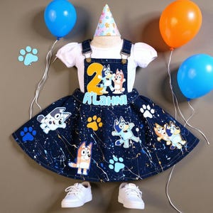 bluey denim dress Bluey Bingo Chloe Floral Toddler Girls Vintage Wash Denim Overall Dress and T-Shirt Outfit Set Blue / White 4T