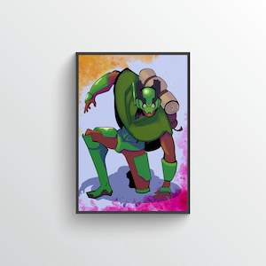 Può includere: Illustrazione incorniciata di un personaggio verde e marrone in posizione accovacciata, con uno zaino. Il personaggio indossa un'armatura verde e un mantello, su uno sfondo colorato di arancione, rosa e blu.