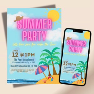 Jolie carte d'invitation à une fête d'été modifiable, fête d'été au bureau, invitation à une fête sur la plage, à imprimer ou à partager sur mobile