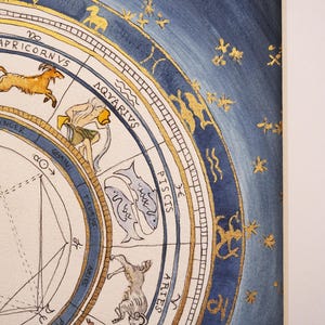 Azul crepúsculo: Mapa astrológico personalizado, impresso e finalizado à mão com folha de ouro