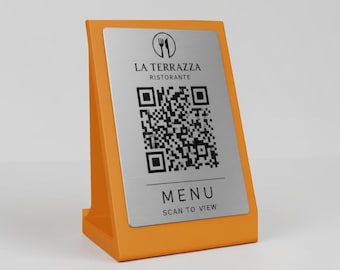 Menu arancione QR Code Personalizzato ScanFrame Stand in Metallo Inciso per Ristorante e Bar Segnatavolo Menu Digitale Display QR 3d