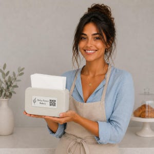 Op de afbeelding: Een rechthoekige, lichtbeige tissuebox met de tekst "Dolce Forno Bakery" en een QR-code. De box bevat witte tissues en wordt vastgehouden door een persoon die een blauw overhemd en een beige schort draagt. Op de achtergrond is een gebakje te zien.