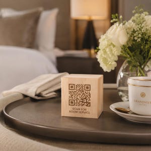 Cubo in legno personalizzato con logo inciso e QR code – Segnatavolo per ristoranti, hotel e locali