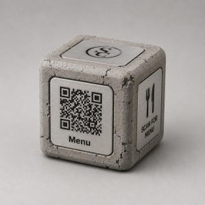 Könnte beinhalten: Ein grauer Betonwürfel mit Metallplatten. Eine Platte hat einen QR-Code und das Wort "Menu". Eine andere Platte zeigt ein Gabel- und Messer-Symbol mit dem Text "SCAN FOR MENU". Die obere Platte hat ein stilisiertes "S"-Logo.