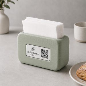 Op de afbeelding: Een saliegroene servethouder met een rechthoekige vorm, met een stapel witte servetten. De houder heeft een label met de tekst "Dolce Forno Bakery" en een QR-code. Een witte vaas en een kopje staan op de achtergrond.