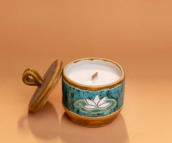Handmade Ceramic Lotus Candle Mug: Aromatherapy Soy Wax, Spiritual Decor