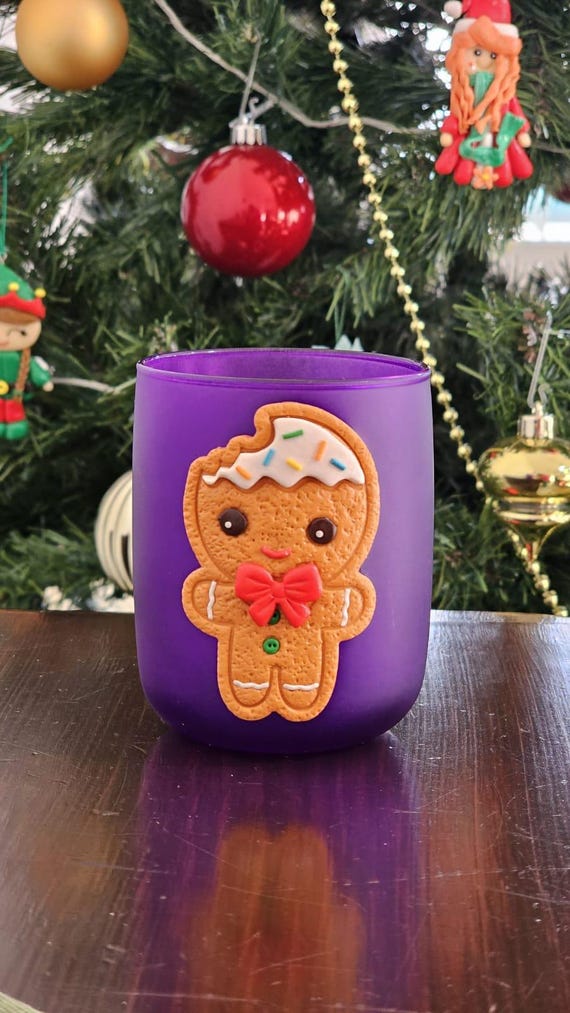 Handmade Gingerbread Man Candle: Scented Christmas Decor in Purple Jar