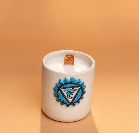 Handmade Throat Chakra Soy Candle: Ceramic Aromatherapy, Wooden Wick