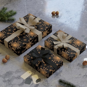 Elegant Black Gold Snowflake Gift Wrapping Paper Roll | Birthday, Christmas, Holiday, Celebration, Craft Projects