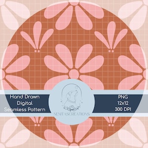 May include: A digital seamless pattern featuring large pink daisy-like flowers on a brown grid background. The design includes the text "Hand Drawn Digital Seamless Pattern" and a logo with a dog illustration. The pattern is 12x12 inches.