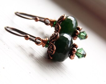 Green stone and copper drop earrings