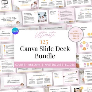 Puede incluir: Un conjunto de diapositivas de Canva, principalmente en rosa y blanco. La imagen muestra varias diapositivas con texto y gráficos, incluyendo el texto "Ultimate 125 Canva Slide Deck Bundle". Las diapositivas son para cursos, webinars y masterclasses.