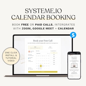 Pode incluir: Um laptop e um smartphone exibem a interface de agendamento de calendário Systeme.io. O texto diz "Reserve chamadas gratuitas ou pagas. Integra-se com Zoom, Google Meet + Calendar". Um gráfico circular diz "Instalação com um clique e vídeo tutorial".