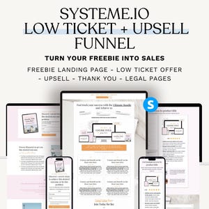 Pode incluir: Um gráfico de marketing digital com o texto "SYSTEME.IO LOW TICKET + UPSELL FUNNEL". A imagem mostra um laptop, tablet e smartphones exibindo maquetes de sites. O texto "TURN YOUR FREEBIE INTO SALES" também é visível.