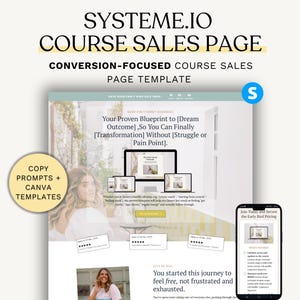Op de afbeelding: Een sjabloon voor een cursusverkooppagina voor digitale marketing met de tekst "SYSTEME.IO COURSE SALES PAGE". Het ontwerp bevat een laptop-, telefoon- en tabletmodel, samen met de tekst "COPY PROMPTS + CANVA TEMPLATES".