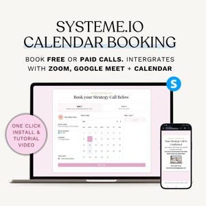 以下が含まれることがあります： ラップトップとスマートフォンは、カレンダー予約インターフェースを表示します。ラップトップ画面には、ピンクのアクセントと「Book your Strategy Call Below」というテキストが表示されたカレンダーが表示されます。スマートフォンには確認メッセージが表示されます。テキストには「SYSTEME.IO CALENDAR BOOKING」が含まれています。