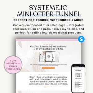 May include: A digital marketing graphic with the text "SYSTEME.IO MINI OFFER FUNNEL" and "PERFECT FOR EBOOKS, WORKBOOKS + MORE." The image includes a website mockup and a smartphone displaying a sales page.