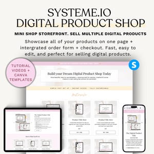 Puede incluir: Diseño de escaparate de tienda de productos digitales con el texto "SYSTEME.IO DIGITAL PRODUCT SHOP". El diseño muestra un diseño de sitio web en una tableta, computadora portátil y teléfono, con el texto "Build your Dream Digital Product Shop Today".