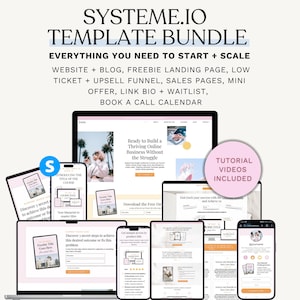 Puede incluir: Un paquete de plantillas de marketing digital que se muestra en varios dispositivos, incluyendo un portátil, tabletas y smartphones. La imagen presenta el texto "SYSTEME.IO TEMPLATE BUNDLE" y "EVERYTHING YOU NEED TO START + SCALE". Un círculo rosa indica "TUTORIAL VIDEOS INCLUDED".
