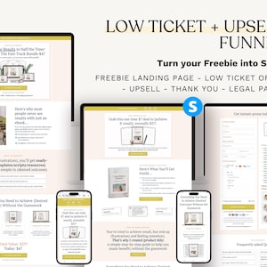 K&ouml;nnte beinhalten: Eine Grafik f&uuml;r digitales Marketing mit dem Text "LOW TICKET + UPSELL FUNNEL" und "Turn your Freebie into Sales." Das Bild zeigt Mockups eines Laptops, Tablets und Telefons, die Webseiten anzeigen.