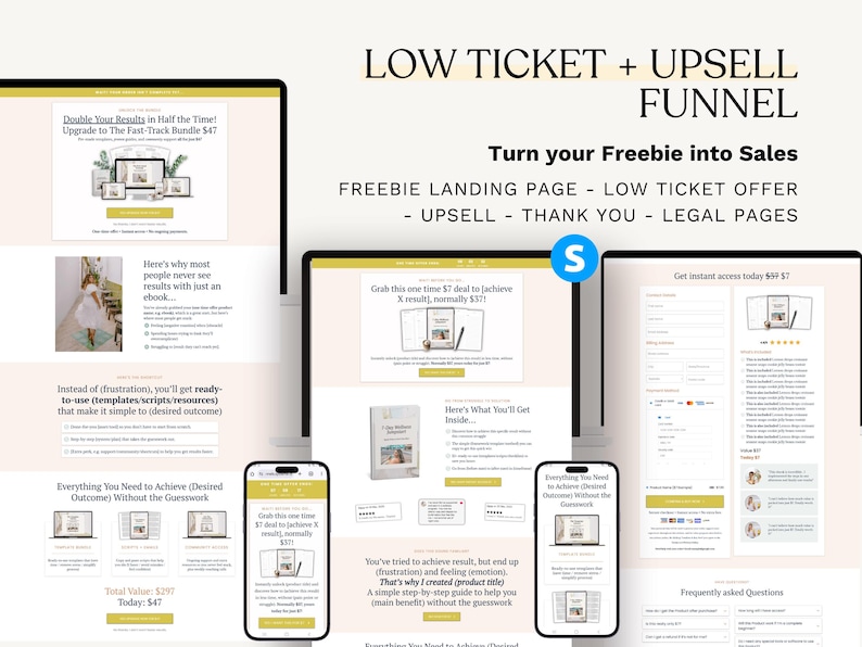 K&ouml;nnte beinhalten: Eine Grafik f&uuml;r digitales Marketing mit dem Text "LOW TICKET + UPSELL FUNNEL" und "Turn your Freebie into Sales." Das Bild zeigt Mockups eines Laptops, Tablets und Telefons, die Webseiten anzeigen.