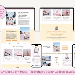 May include: A website design displayed on a laptop and mobile devices. The website features a light pink and beige color scheme with images and text. The text includes "Hey, I'm Jenna, Busy Mama, Business Coach..." and "FULLY MOBILE OPTIMIZED + RESPONSIVE DESIGN ACROSS DEVICES."