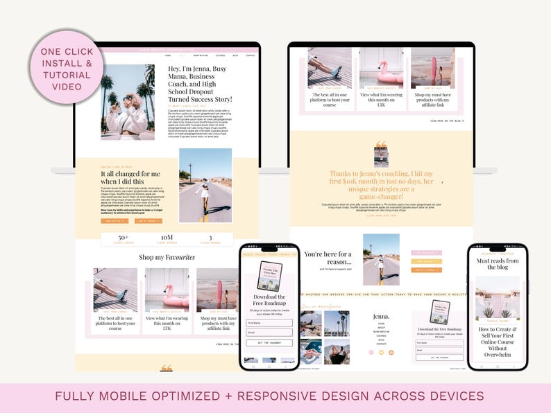 May include: A website design displayed on a laptop and mobile devices. The website features a light pink and beige color scheme with images and text. The text includes "Hey, I'm Jenna, Busy Mama, Business Coach..." and "FULLY MOBILE OPTIMIZED + RESPONSIVE DESIGN ACROSS DEVICES."