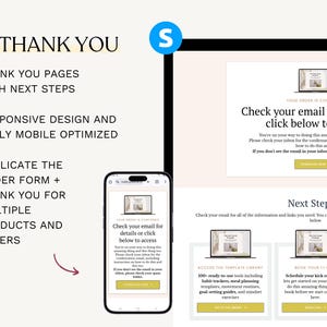 K&ouml;nnte beinhalten: Webseitendesign mit dem Text "3. THANK YOU" und "THANK YOU PAGES WITH NEXT STEPS". Ein Smartphone zeigt eine Webseite mit dem Text "Check your email for details or click below to access". Die Webseite enth&auml;lt auch "Next Steps" mit Links.