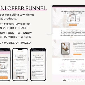 May include: A digital marketing presentation on a laptop and three smartphones. The presentation is titled "MINI OFFER FUNNEL" and includes text about selling digital products, strategic layouts, and copy prompts.