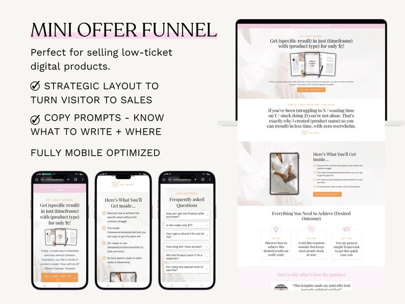 May include: A digital marketing presentation on a laptop and three smartphones. The presentation is titled "MINI OFFER FUNNEL" and includes text about selling digital products, strategic layouts, and copy prompts.