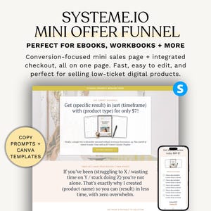 May include: A digital marketing graphic promoting a mini offer funnel for ebooks and workbooks. The design includes a website mockup, a smartphone display, and the text "SYSTEME.IO MINI OFFER FUNNEL". The graphic is designed to sell low-ticket digital products.