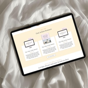 May include: A black tablet displays a website with the text "Fast Action Bonuses." The website features three sections with the titles "The Title of the Bonus" and "Course Title." The tablet is on a white, textured surface.