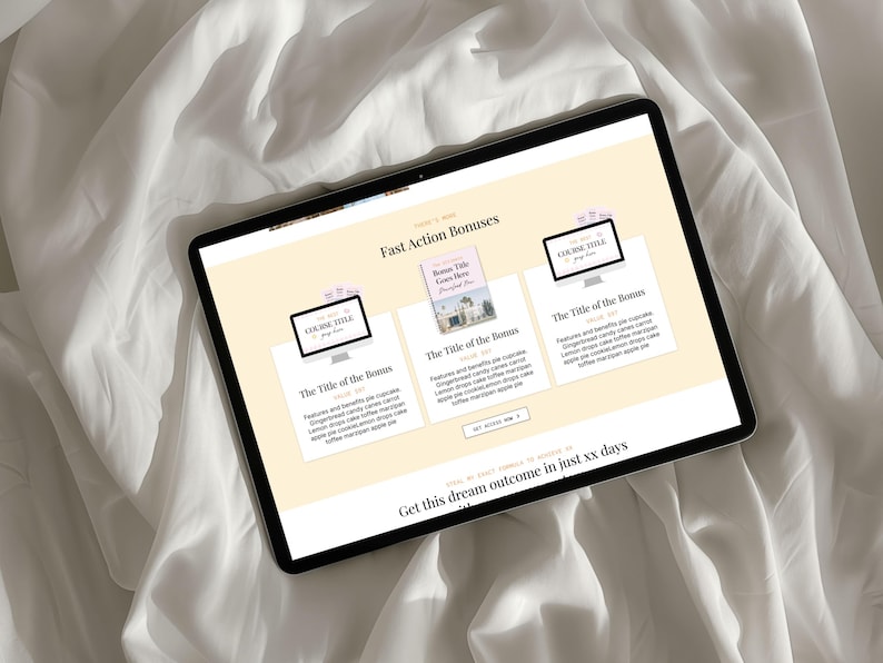 May include: A black tablet displays a website with the text "Fast Action Bonuses." The website features three sections with the titles "The Title of the Bonus" and "Course Title." The tablet is on a white, textured surface.