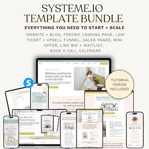 Puede incluir: Un paquete de plantillas digitales con el texto "SYSTEME.IO TEMPLATE BUNDLE" y "EVERYTHING YOU NEED TO START + SCALE". La imagen muestra varios dispositivos digitales, incluyendo un portátil, tabletas y smartphones, mostrando diseños de sitios web y páginas de destino.