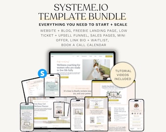 May include: A digital template bundle with the text "SYSTEME.IO TEMPLATE BUNDLE" and "EVERYTHING YOU NEED TO START + SCALE." The image displays various digital devices, including a laptop, tablets, and smartphones, showcasing website and landing page designs.