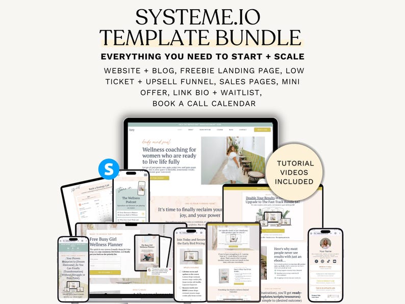 K&ouml;nnte beinhalten: Ein digitales Vorlagenpaket mit dem Text "SYSTEME.IO TEMPLATE BUNDLE" und "EVERYTHING YOU NEED TO START + SCALE". Das Bild zeigt verschiedene digitale Ger&auml;te, darunter ein Laptop, Tablets und Smartphones, die Website- und Landingpage-Designs pr&auml;sentieren.