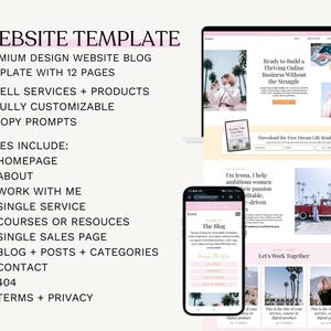 May include: A website template design with the text "WEBSITE TEMPLATE" in a pink font. The template includes 12 pages, including a homepage, about, and contact page. A laptop and smartphone display the website design.