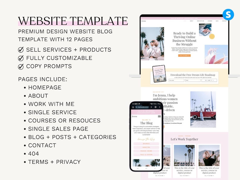 May include: A website template design with the text "WEBSITE TEMPLATE" in a pink font. The template includes 12 pages, including a homepage, about, and contact page. A laptop and smartphone display the website design.