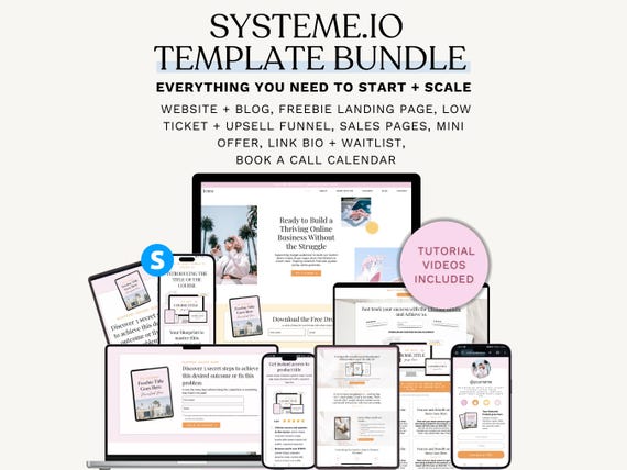 Systeme.io Template Bundle. Website Template Blog, Sales Page, Link in Bio, Waitlist, Opt in Freebie Landing page, Funnel.Pink.Course.Coach