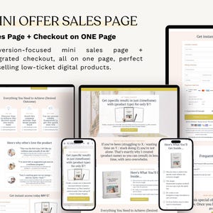K&ouml;nnte beinhalten: Eine digitale Produktverkaufsseite, die auf mehreren Ger&auml;ten angezeigt wird, darunter ein Laptop, ein Tablet und Smartphones. Die Seite zeigt den Text "MINI OFFER SALES PAGE" und hebt eine konversionsorientierte Mini-Verkaufsseite mit integriertem Checkout hervor.